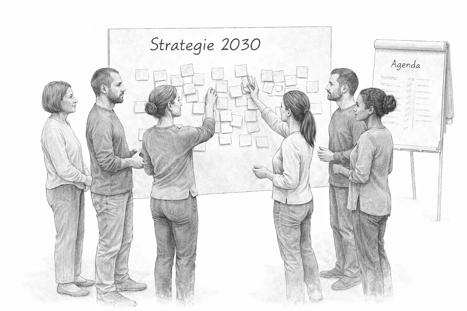 Strategieworkshop: Gruppe erarbeitet gemeinsam an einer Pinnwand die Strategie 2030