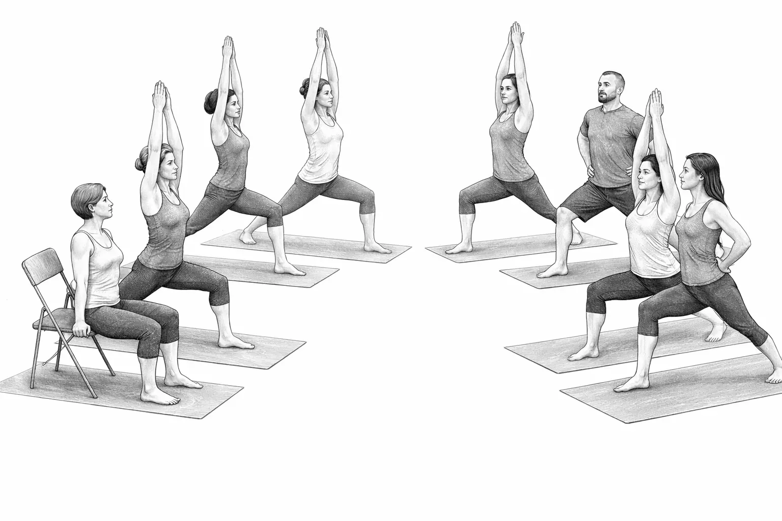 Gemeinsame Yoga-Praxis in Vīrabhadrāsana – mit unterschiedlichen Möglichkeiten, im selben Raum